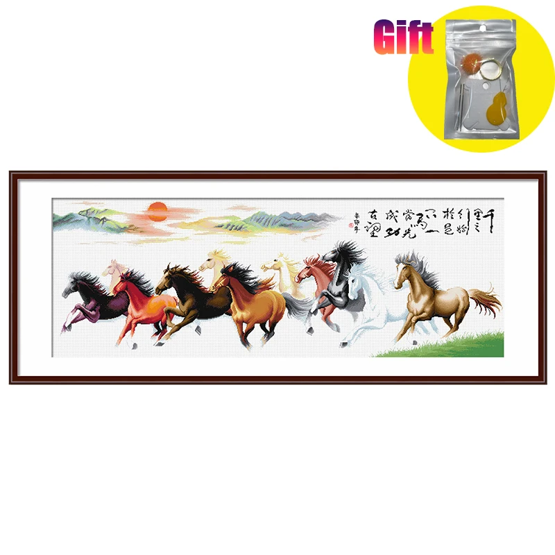 Large Size Cross Stitch Kit, Printed Canvas, Chinese Style, Famous Painting, Eight Horses, Living Room, Office, Wall Decoration