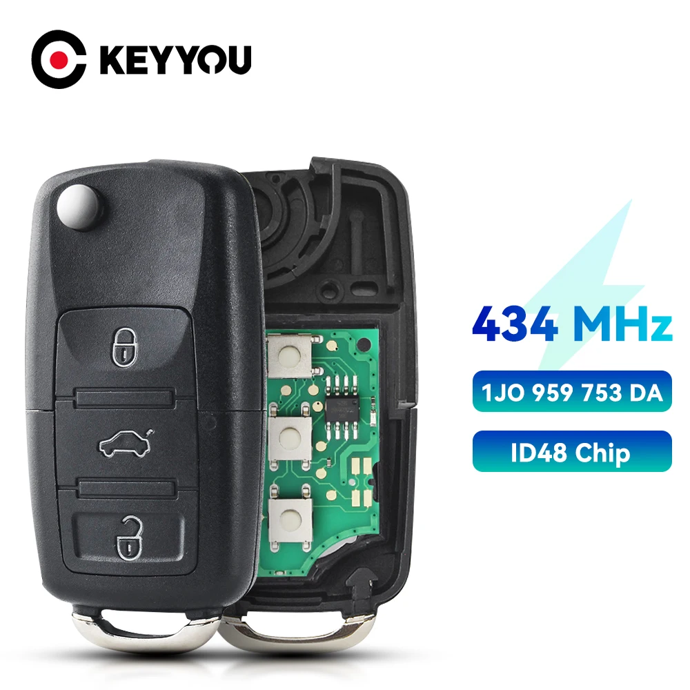 

KEYYOU For VW Volkswagen PASSAT Polo Skoda Seat 1J0 959 753 DA 1J0959753DA Flip Car Smart Remote Key Fob 434Mhz ID48 Chip