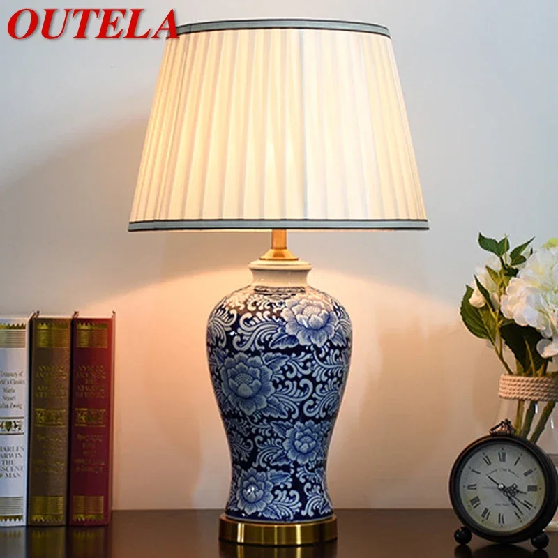 

OUTELA American CeramicTable Lamp Blue Classical Creativity Living Room Bedroom Study Hotel engineering Desk Light