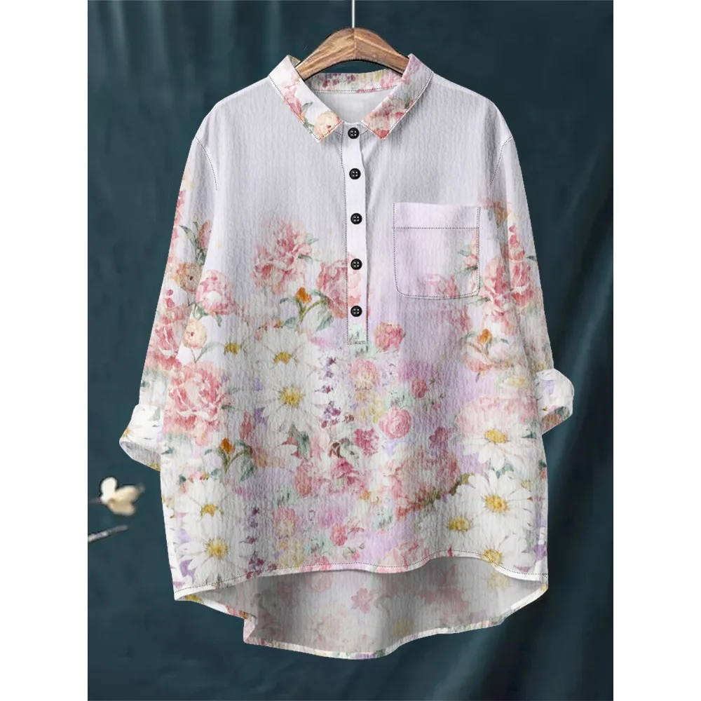 ヴィンテージトロピカルスタイルブラウス モンステラプリント長袖シャツ ヴィンテージレディースルーズ長袖ハーフボタンバブルクレープトップ