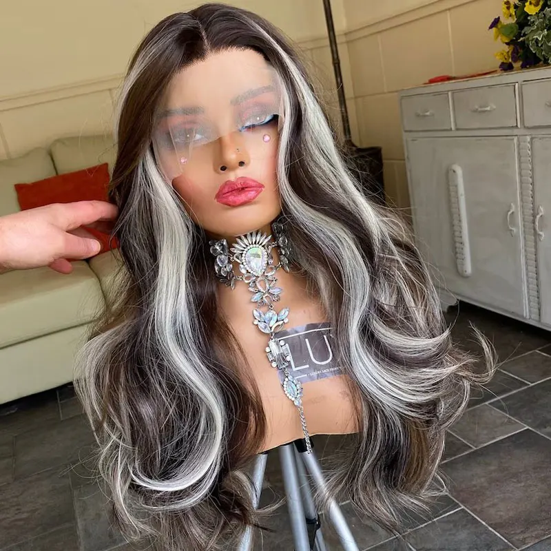 Perruque Lace Front Wig synthétique sans colle 13x4-Bomshell, perruque en fibre de haute qualité, cheveux ondulés blancs et bruns mélangés, pour femmes Cosplay