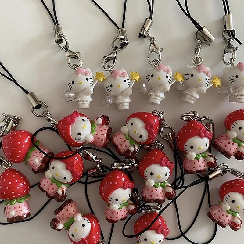 

Kawaii Strawberry Hello Kitty Mobile Phone Chain Cute Kitty Cat Keychain Y2k Bag Pendant Decorated Good Friends Halloween Gifts