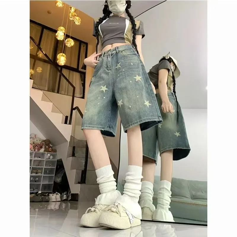 

New Star Pattern Soft Mid-Pants Loose Denim Shorts Women's American Retro Street Slim Wide Legs Five-Segment Pants Yk2 Clothes