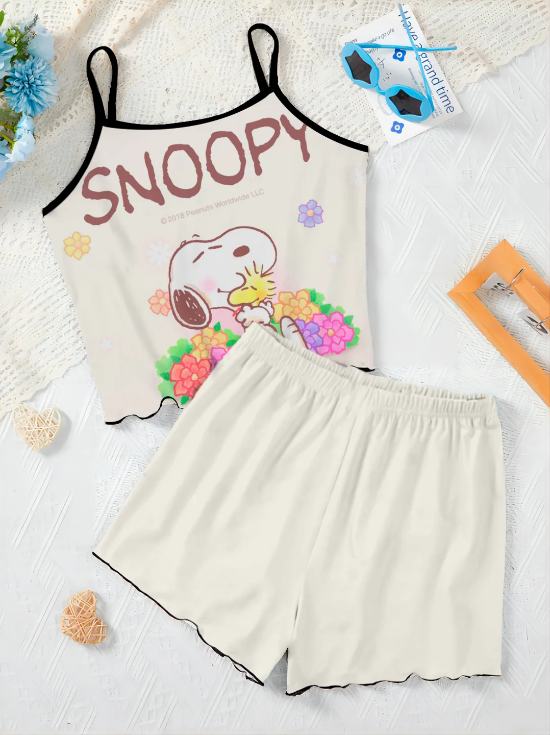 Disney Slip Dress Krótkie zestawy dla kobiet 2-częściowy zestaw dwuczęściowy Snoopy Damski garnitur T-shirt Top Elegancki dół Disney Home Dress