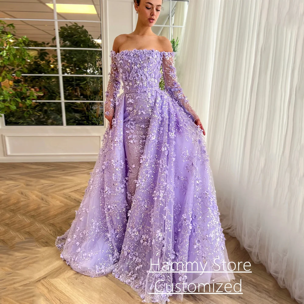 Lilac Evening Dress Customized Luxury Boat Neck Long Sleeves Beading Flower Lace Prom Gown with Deatachable Train Party Dress