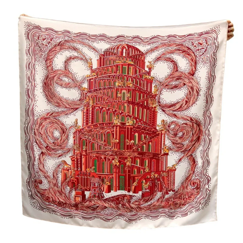 Babel Tower Twill Silk Scarf Women Brand Designer Ladies Scarves Winter Accessories Head Neck Bag Bandana Hand Rolled Edges