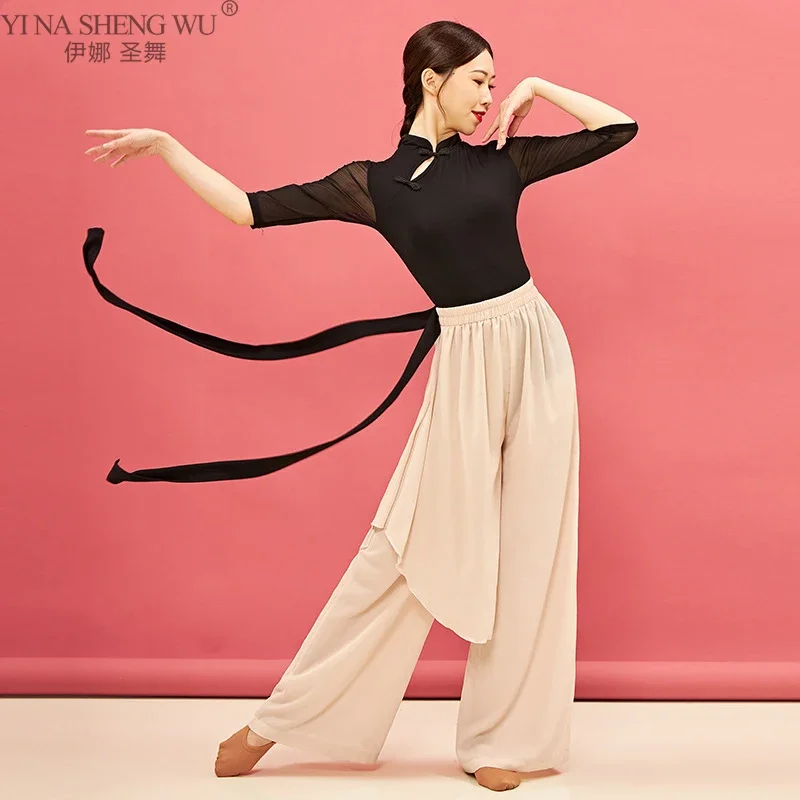 Chinese Folk Dance Costumes Women Classical Dance Pants Top Loose Wide Leg Trousers Dancewear Black Elegant Performance Outfit