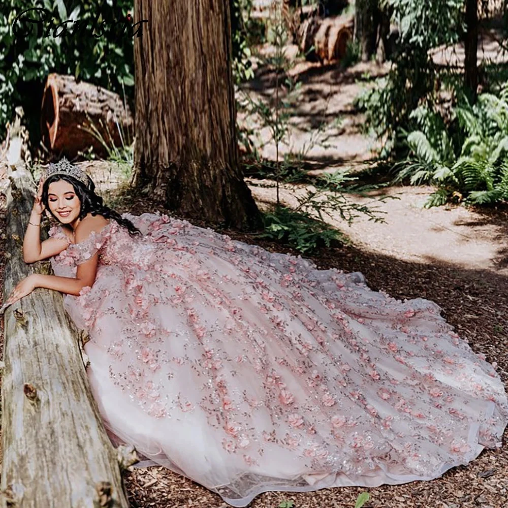 Pink Sequined Lace Ruffles Ball Gown Quinceanera Dresses Off The Shoulder 3D Flowers Corset Vestidos De 15 Años