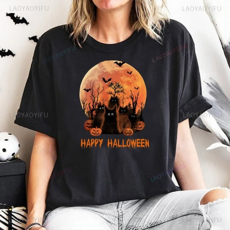 Witch Scary Halloween Woman Graphic T Shirts Funny Gift Shirt Friends Birthday Trick or Treat Kids Cotton Tee Cat Pumpkin Night