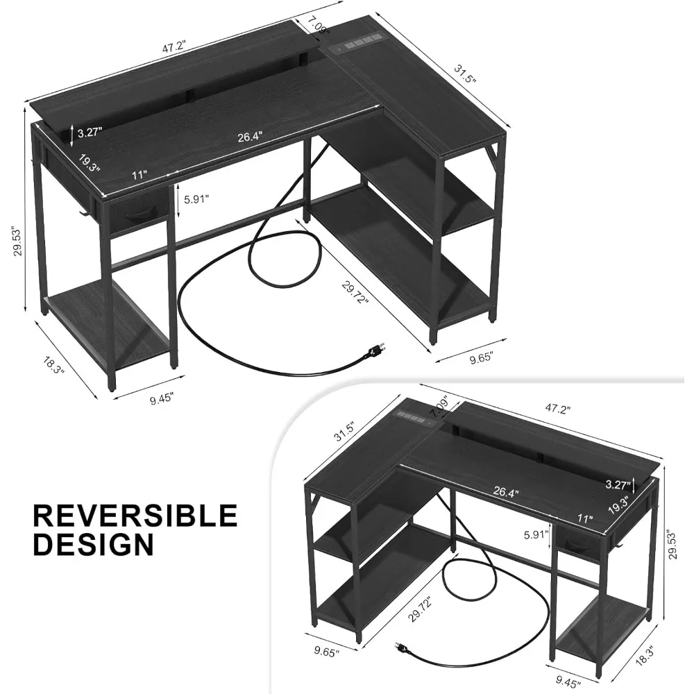 Bureau de jeu en forme de L avec prise de courant et lumière LED, coin de jeu avec crochet et support de moniteur, bureau d'ordinateur réversible