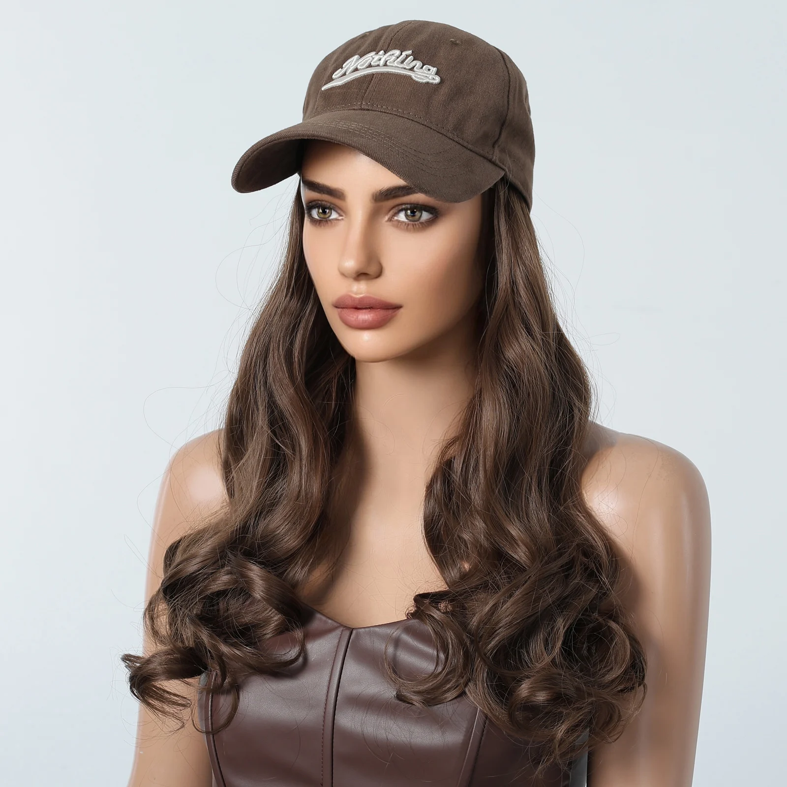 Hat Wig Brown Curly Hair Extension with Baseball Cap Long Wavy Wig Adjustable for Natural Daily Use Realistic High Temperature