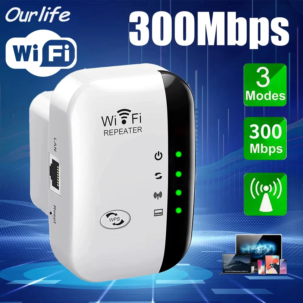

Ourlife 300Mbps Wireless WiFi Repeater 2.4Ghz Repeater Network Expander Range 802.11N/B/G Wireless 4 Status Light WiFi Repeater