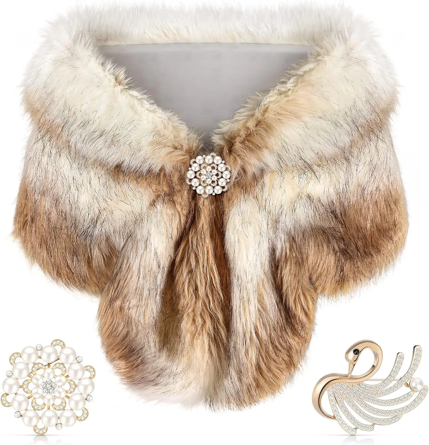 

Элегантная шаль из искусственного меха с жемчужными и стразовыми брошами для зимних мероприятий и свадеб