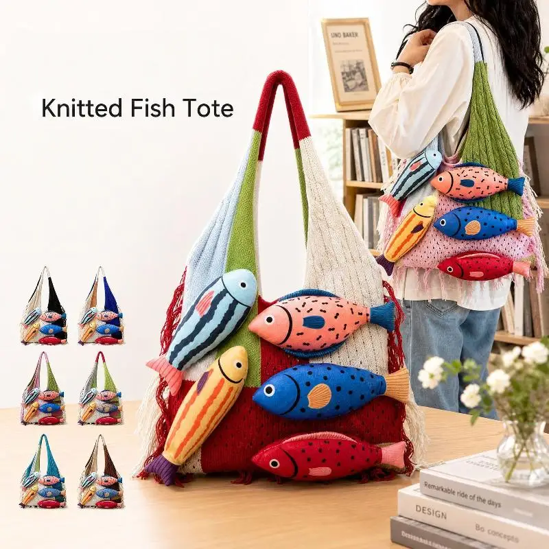 Little Fish Design Knitted Shoulder Bag Contrasting Cut Out Soft Lightweight Tote Bag for Women Beach Vacation Shopping