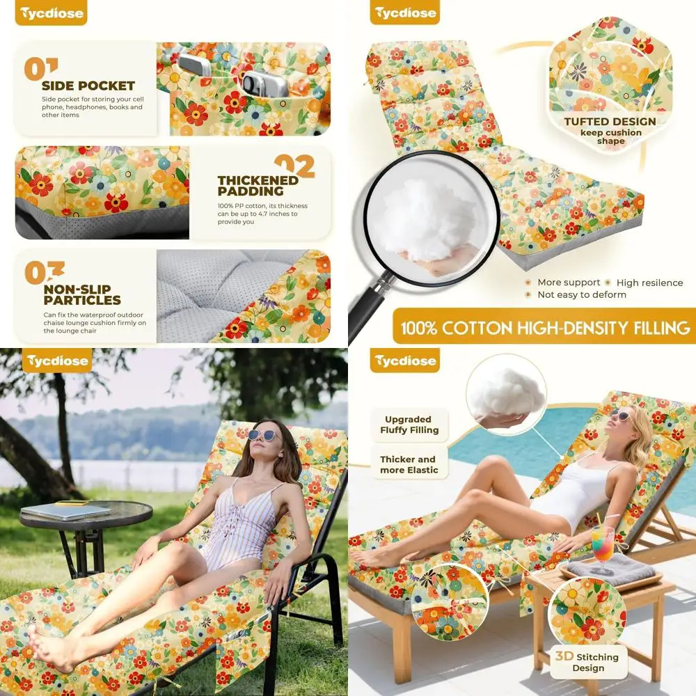 

Водонепроницаемая подушка для шезлонга для улицы, 71x22x4.7, утолщенная, нескользящая, с узором в виде ромашек