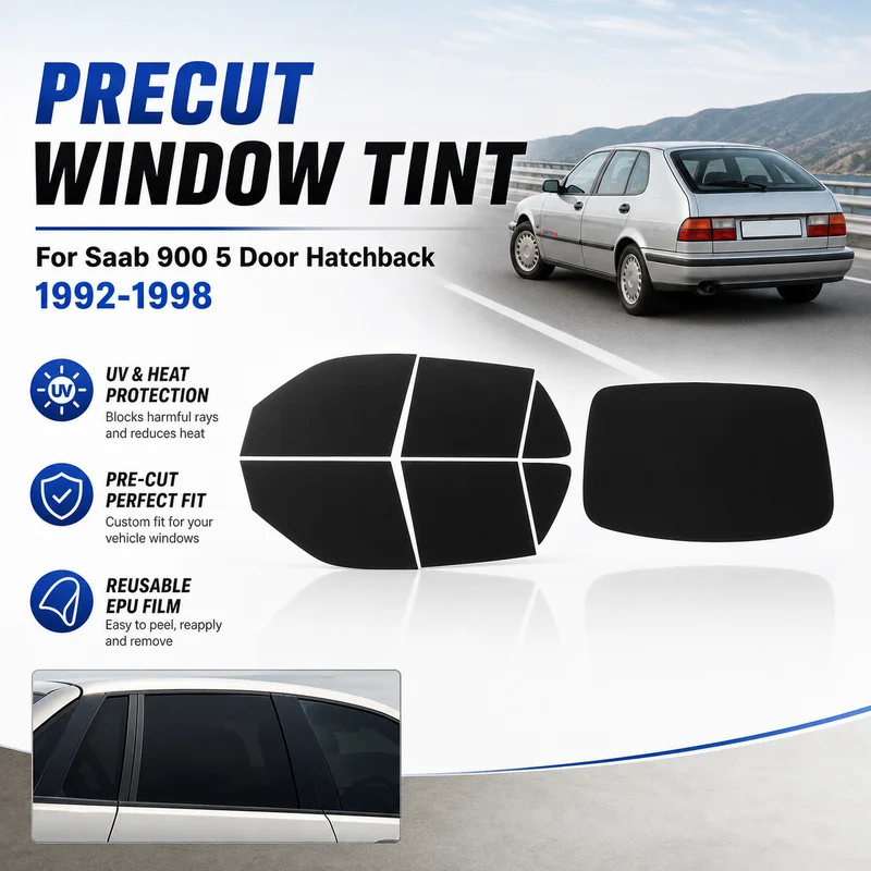 RAVOOY Precut Window Tint, Reusable EPU Film, Custom Fit for Saab 900 5 Door Hatchback 1992-1998, UV Heat Protection