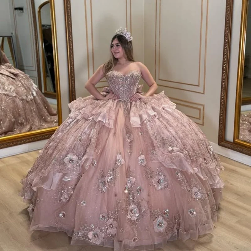 

Customized Pink Quinceanera Dresses Off the Shoulder glitter decal 3D flower Lace layering Long tail Vestido 15 Quinceanera
