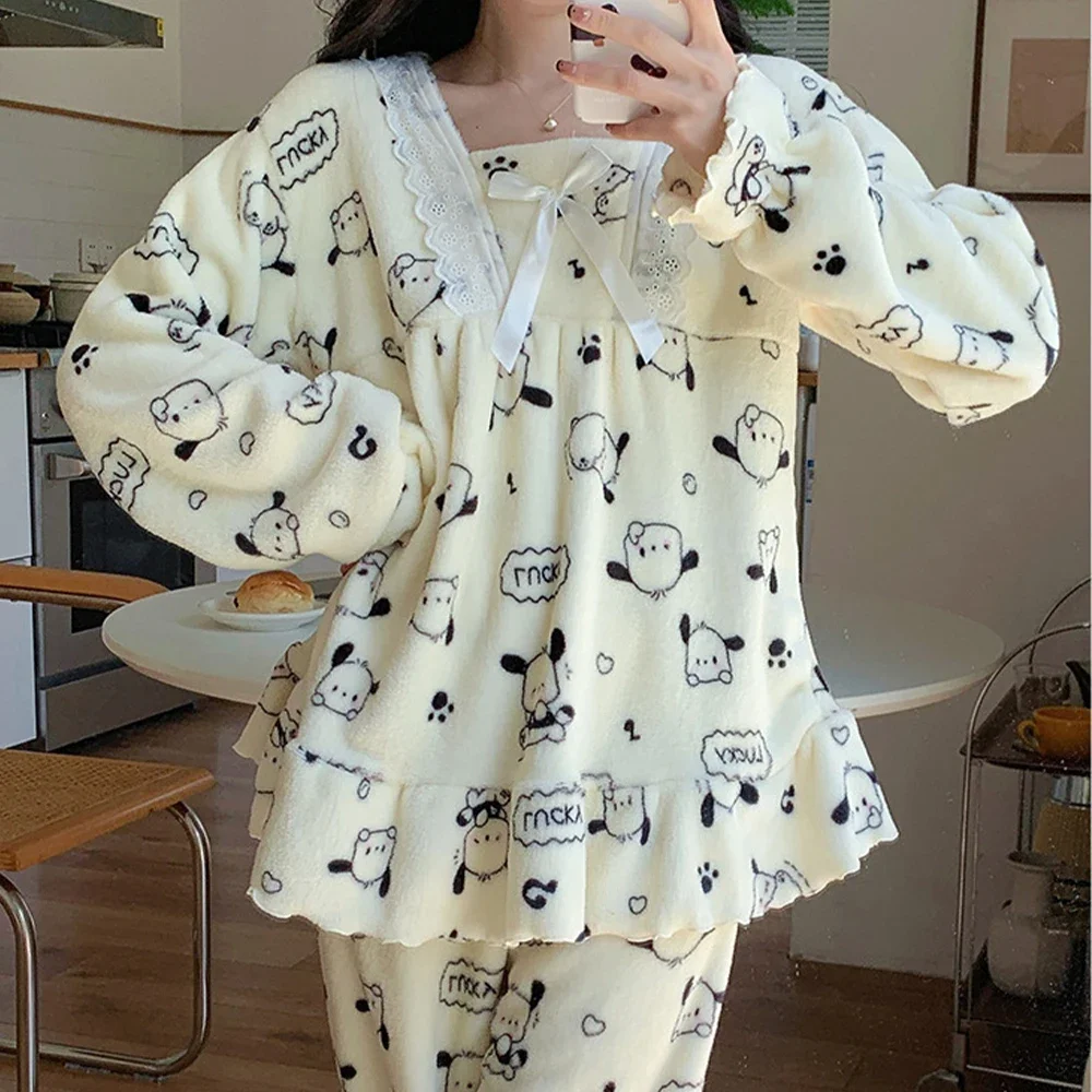 

Cartoon Pochacco Plush Pajamas Set Kuromi Cinnamoroll Sanrioed Women Coral Fleece Homewear Anime Kawaii Cute Girls Tops Pants