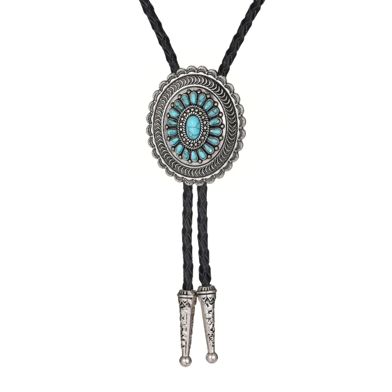 

Braided Shoestring Bolo Tie with Turquoise Fretwork Charm Cowboy Necktie Necklace Country Bolo Tie Cowboy