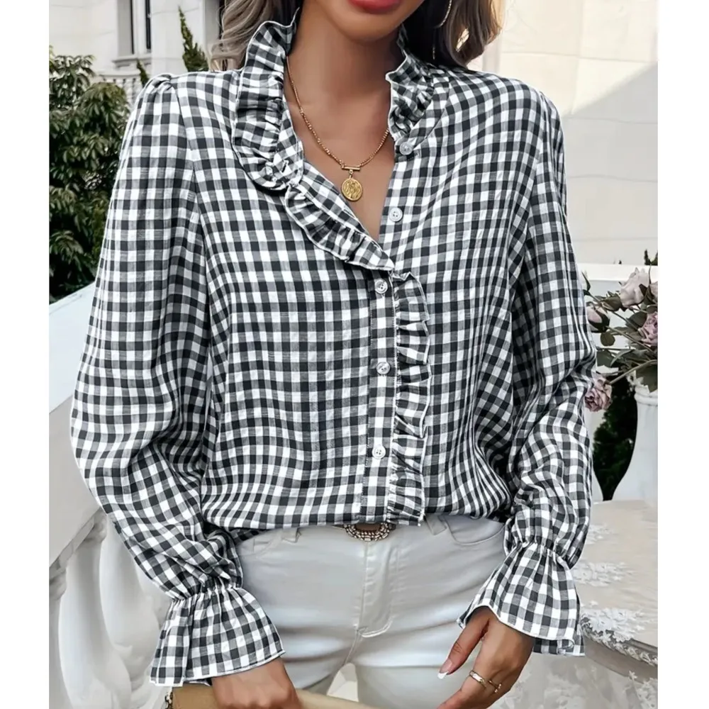 Champignon bord col montant Plaid à manches longues chemise femmes printemps automne décontracté ample simple boutonnage femme polyvalent chemise hauts