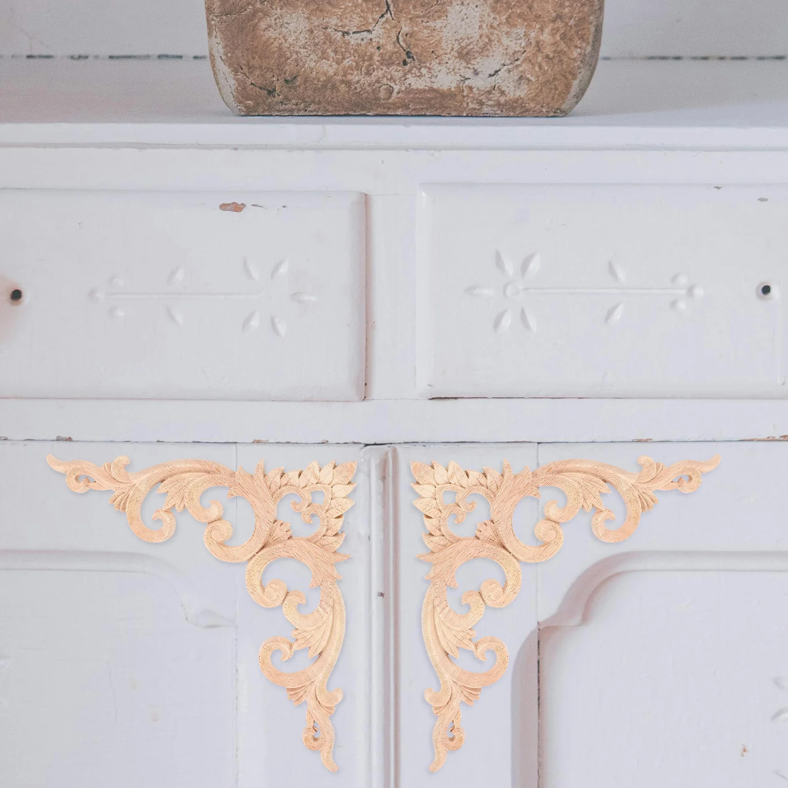 

2 Pcs Wood Carving Decoration Unfinished Wooden Appliques Furniture Decals Vintage Embossed Wood Decor Door Carved Onlays