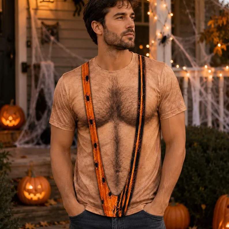 Hairy Chest Halloween T-shirt, Fun Muscle Faux Fur T-shirt, Adult Halloween Costume Men's Parody Gift Novel and Funny T-shirt