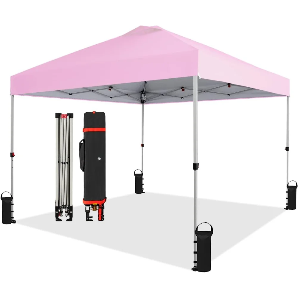 10x10 Pop Up Canopy - Beach Tent with One Push Setup - Camping - Gazebo with Cover Bag, Silver Coated Top, Pink Freight free