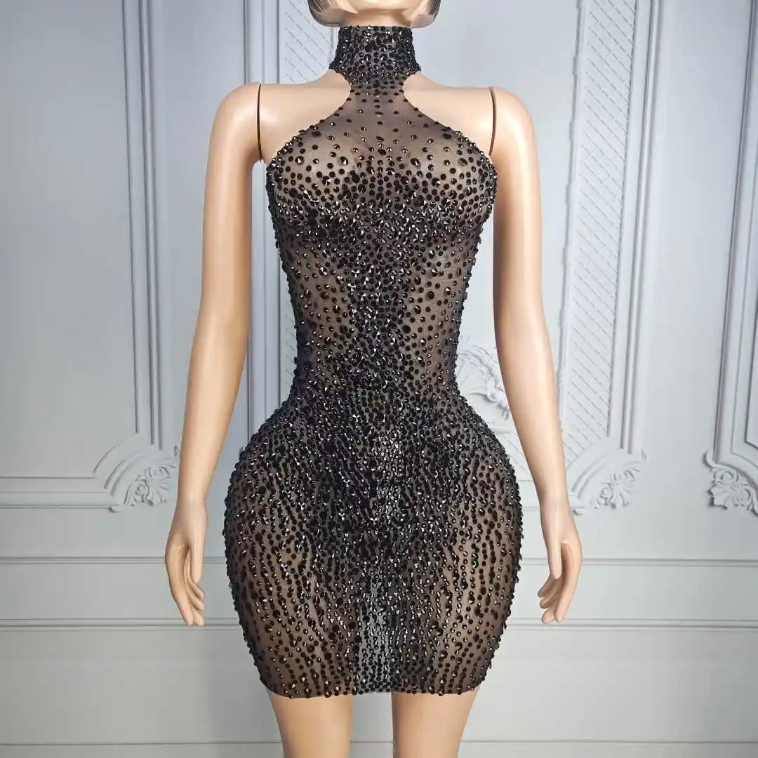 

Sleeveless Full Rhinestone Mini Stretch Dress For Women Drag Queen Costume 2026 New Style Black Green Luxury Party Night Outwear
