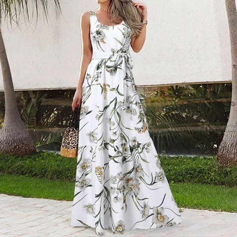 New Women's Spring Summer Elegant Square Neck Sleeveless Printed Long Dress Fashion Leisure Beach Vacation Belt Long Dress