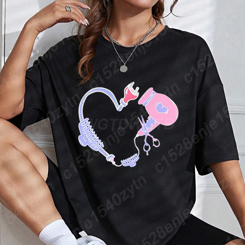 

Hair Stylist Heart Print Summer T-shirt Women Creative O Neck Short-sleeved Tee Shirt Fashion Ladies Oversized Tees