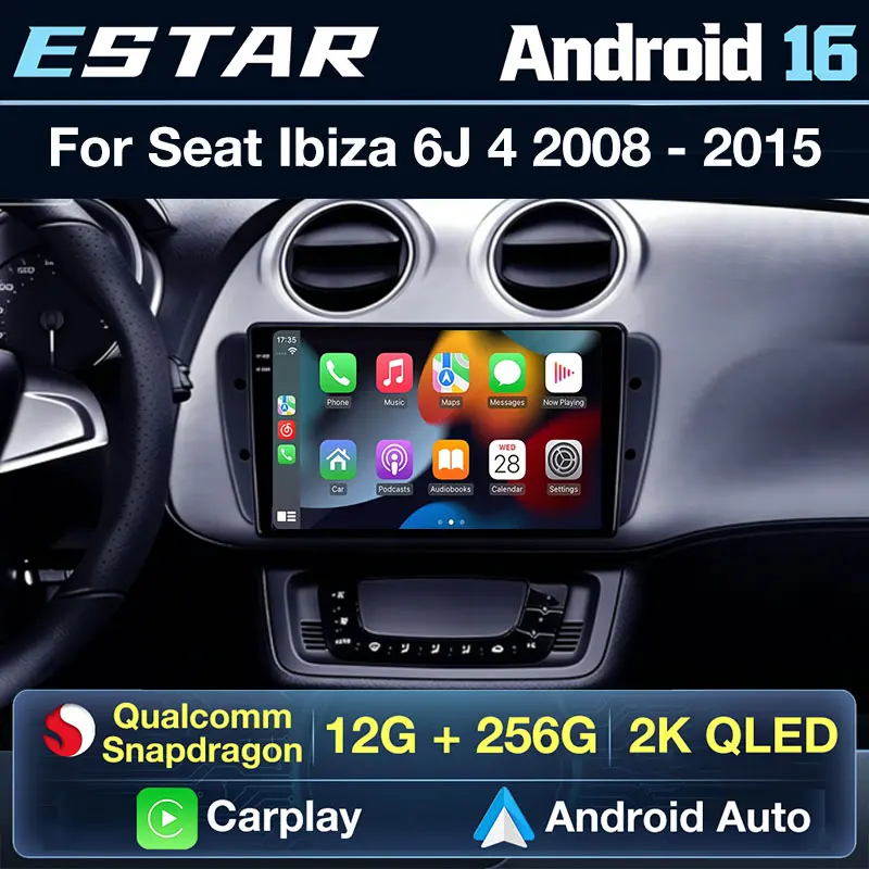Radio de coche inalámbrico Carplay Auto Android 16 para Seat Ibiza 6J 4 2008 - 2015 Octa Core QLED Reproductor de video Multimedia Pantalla 2K DTS