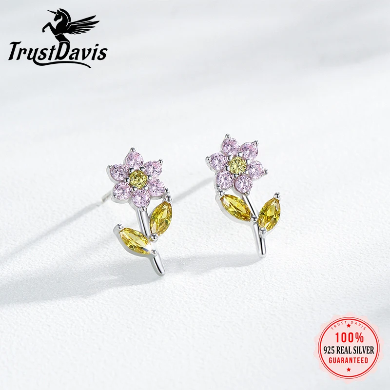 

TrustDavis стерлингового серебра 925 пробы, женские модные милые розовые серьги-гвоздики с цветком циркона для женщин и девочек, ювелирные изделия, подарок DS4308