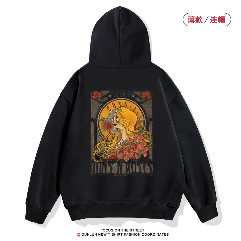 

2025 Gunfire Hooded Sweatshirts for Men and Women, American Retro Street Rose Print Trendy Couple Spring Thin Style