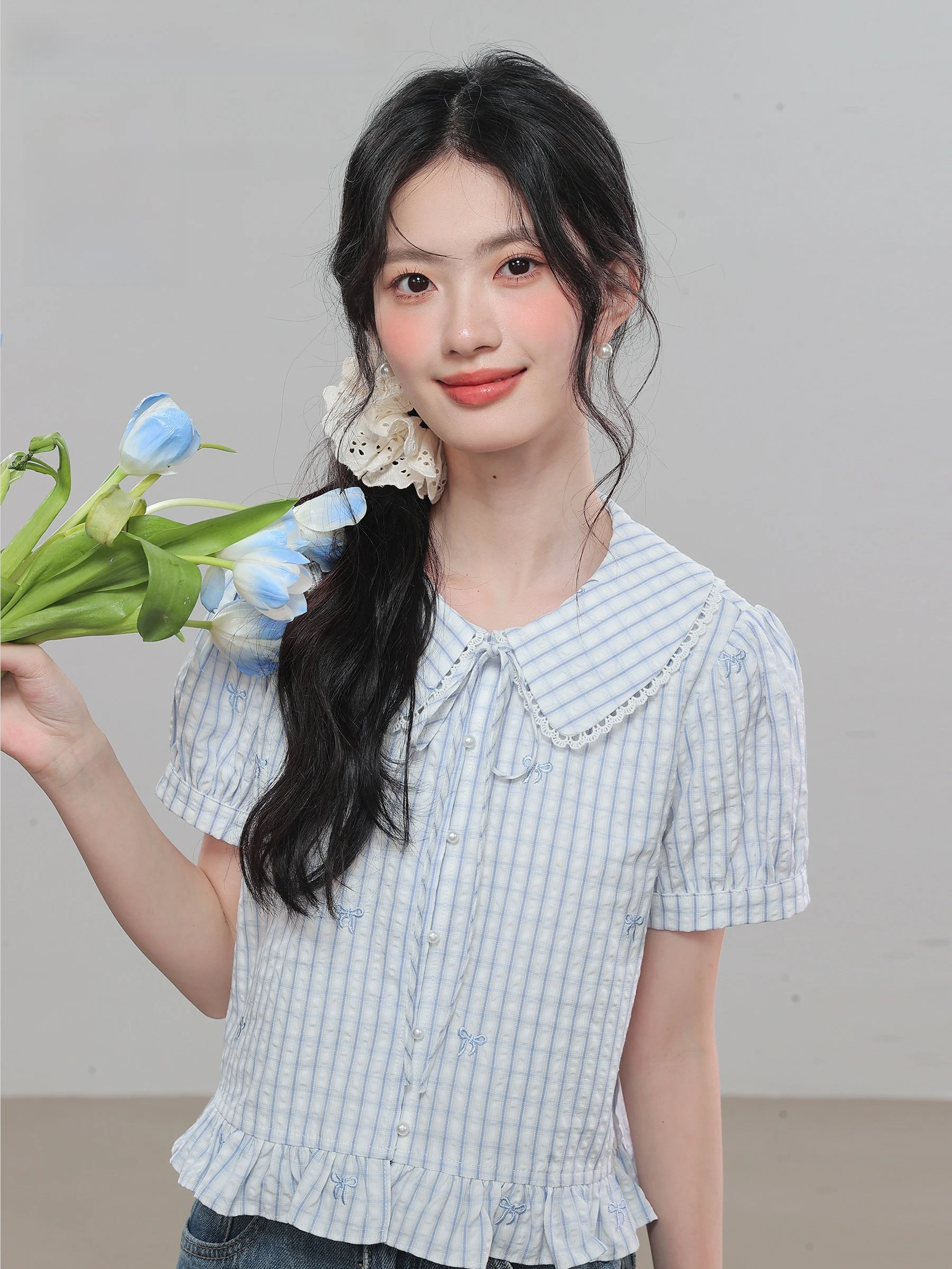 

Summer New Sle Blue Stripe Doll Collar ort Sve Women's irt Lingjiu Sweet Sle Slim Fit Polyester Fiber UV Protection