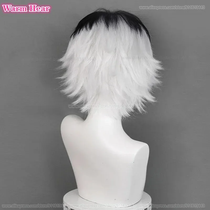 2024 사사키 하이세 합성 가발 애니메이션 숏 30cm 유니섹스 블랙 화이트 믹스 코스프레 가발 내열 헤어 파티 가발 + 가발 캡