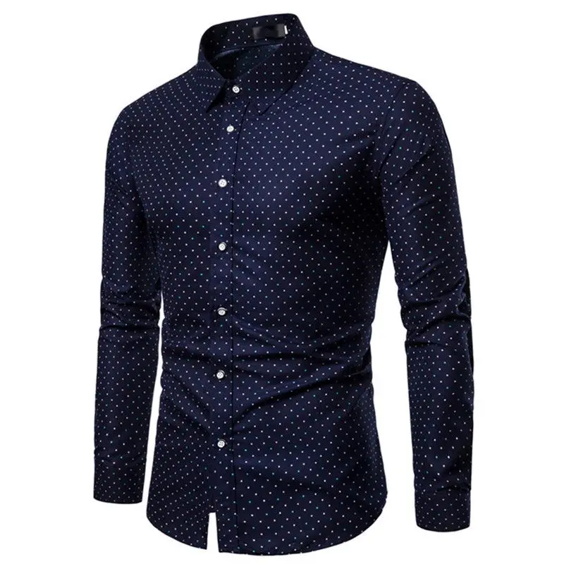 Spring Autumn Fashion Printed Long Sleeved Shirt Large Size One Line Neck Slim Fit Top Business Casual Shirt Male Clothing New