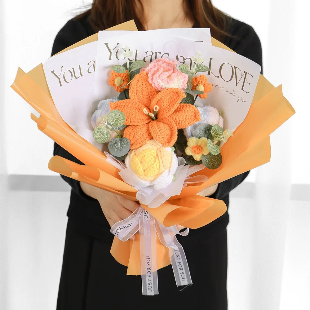 완성된 니트 꽃 해바라기 크로셰 꽃다발 창의적인 꽃 봉제 장난감 발렌타인 어머니의 날 생일 졸업 선물