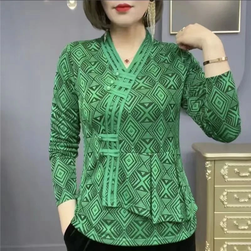 Spring Autumn New V-neck Fashion Long Sleeve Blouse Women High Street Casual Printing Pullovers Elegant Button Patchwork Tops