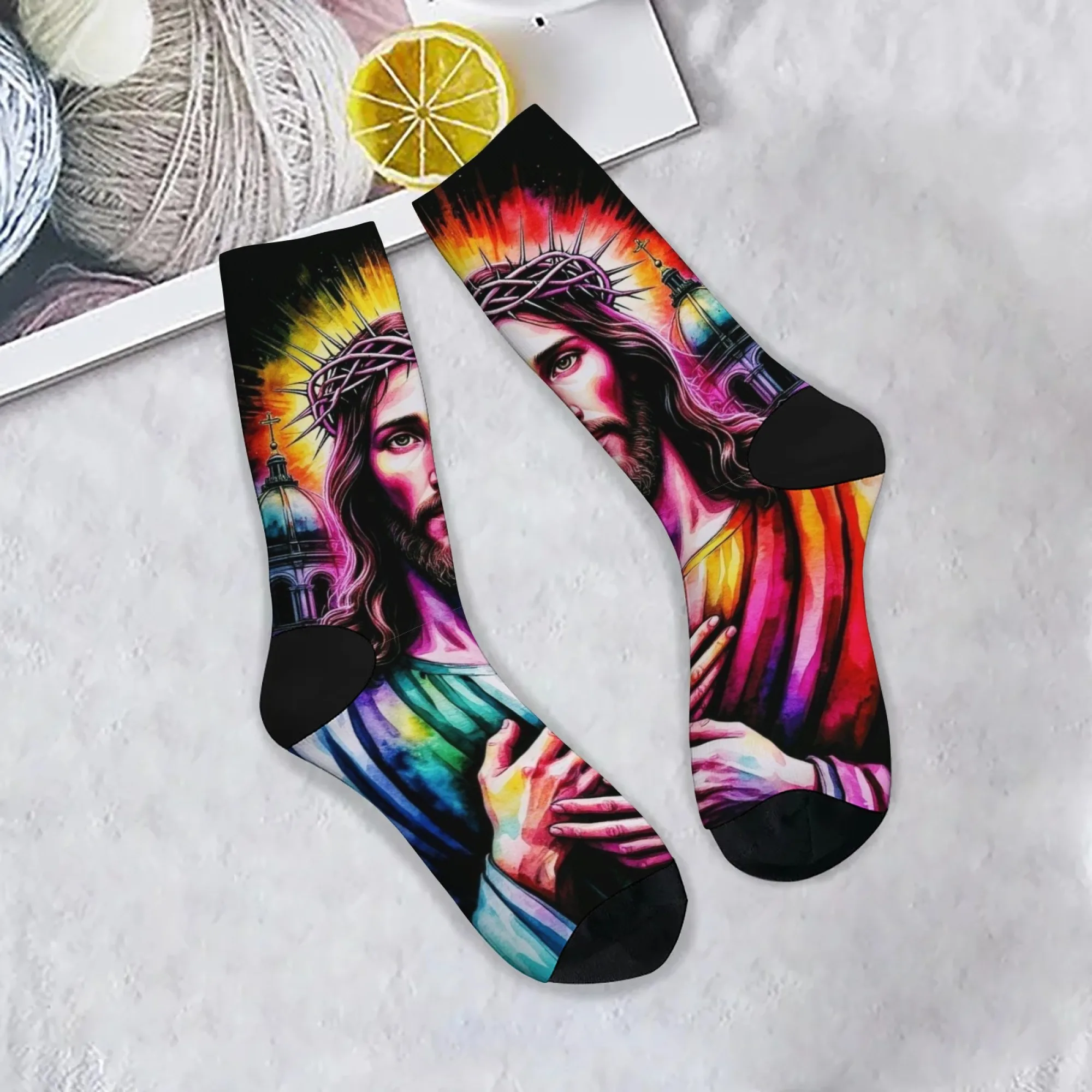 Jesus Christus Kunst Herrensocken Vintage Mode Bequeme lässige Sportsocken Neuheit Lustige Happy Crew Socken Urlaub Party Geschenk