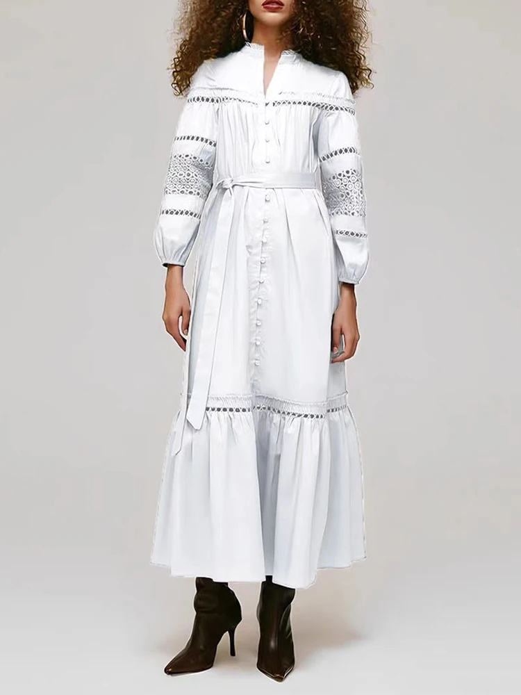 

SXTHAENOO Solid Spliced Button Slimming Dresses For Women O Neck Long Sleeve High Waist Temperament Dress Female Fashion 2025