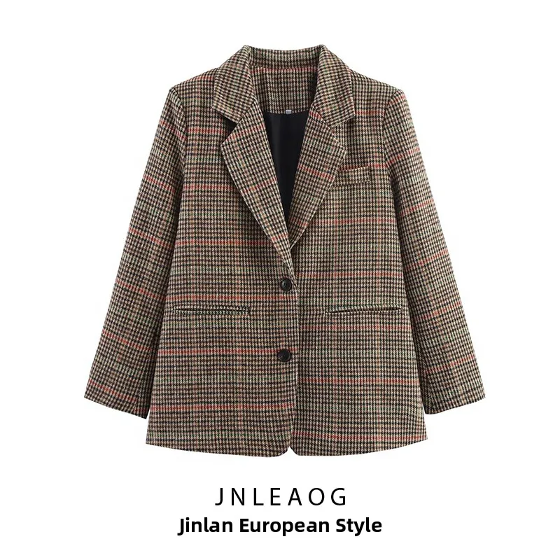 

JNLEAOG модный клетчатый шерстяной повседневный костюм Jaet женский осенний новый Sle Street Sle Long Sve из полиэфирного волокна