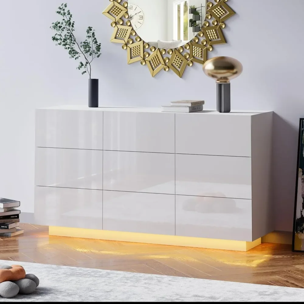 Drawer Dresser White Modern, Double Drawer Cabinet with High Gloss, Bedroom with Light Dressing