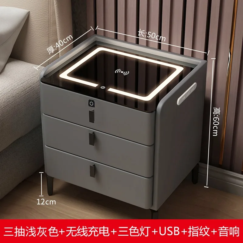 Modern Three Drawer Wireless Charging Fingerprint Lock Sound System Solid Wood Light Luxury Advanced Sense with Lights