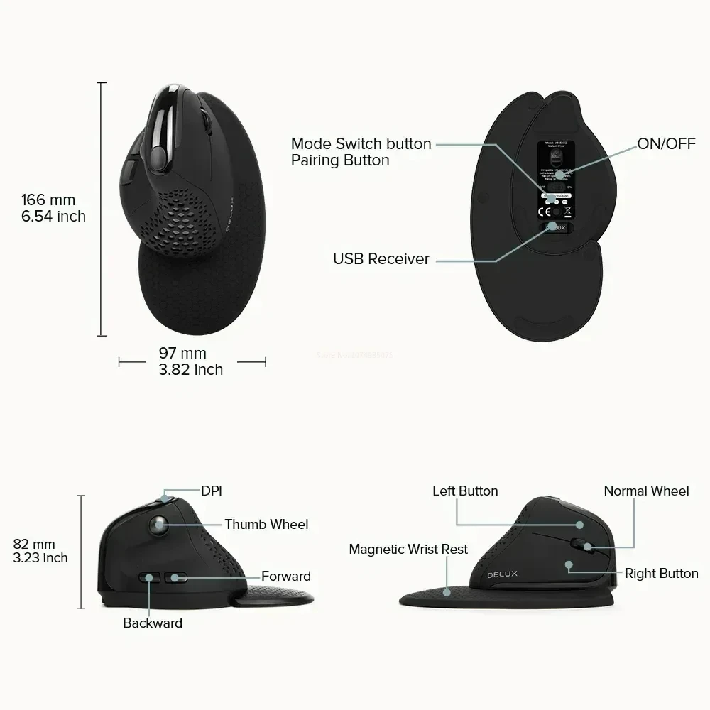 Imagem -02 - Delux-mouse sem Fio Polegar Roda M618xsd Oled Tela de Cristal Líquido Ratos Verticais Ergonômicos Escritório Modos