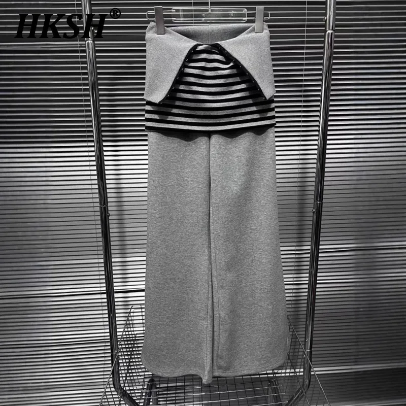 HKSH Women Tide Chic Wide Leg Sweatpants Autumn Adjustable Flip Waist Straight Casual Pants Striped Skirt Color Contrast HK3924