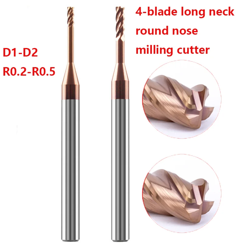 

HRC60 4Flute Solid Carbide Long Neck Bull Nose Milling Cutter Deep Groove Round Endmill R-Angle Small Diameter Min R0.1 R0.2