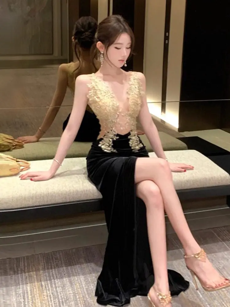 Luxury Black Velvet Cocktail Dress For Women High-end Sheer Lace Embroidery Side Slit Formal Party Lady Gown Art Aesthetics Clot