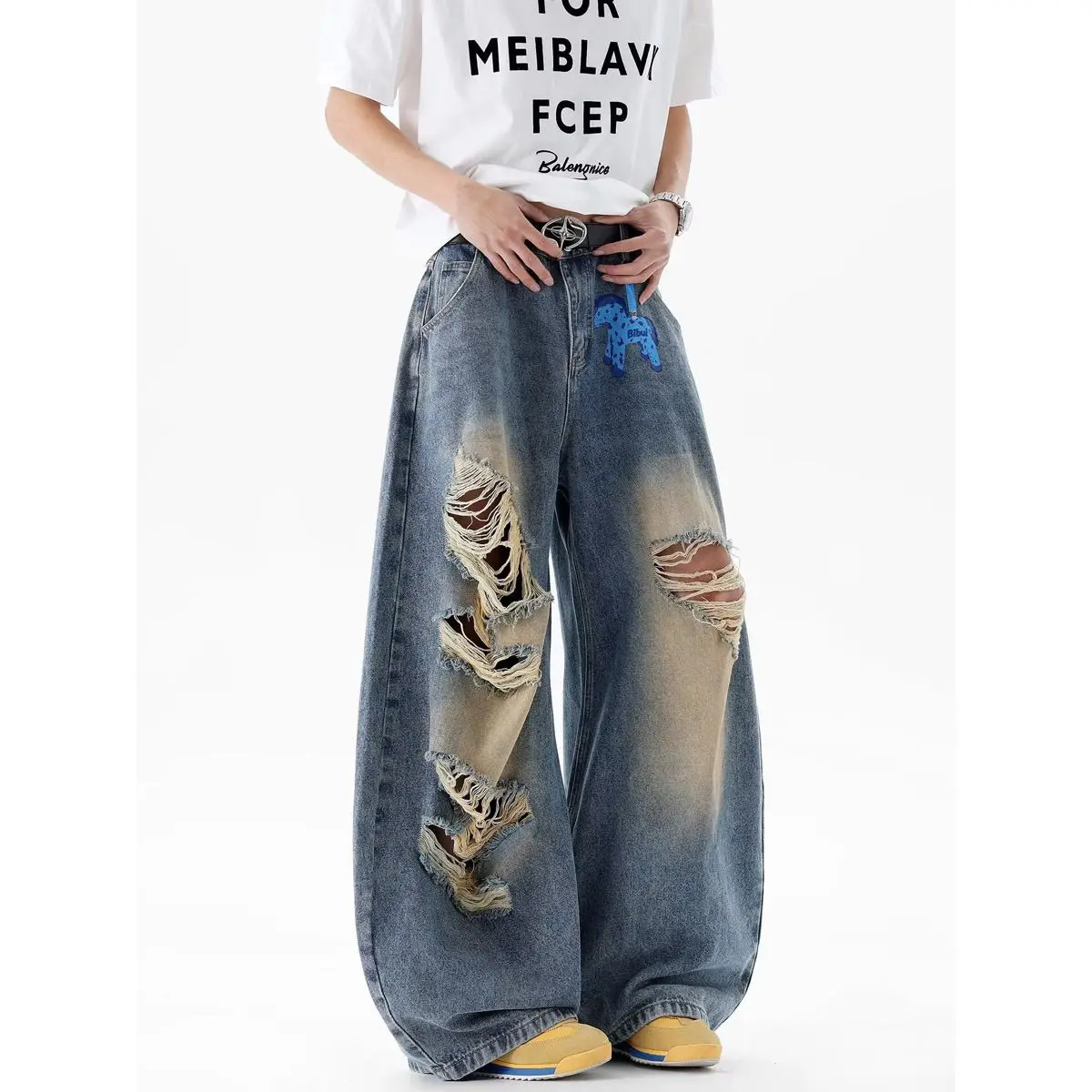 Men's Pony Print Ripped Jeans Casual Pants Boys Summer Bottom Wide Legs Sweatpants Male High Waist Unisex Baggy Trousers