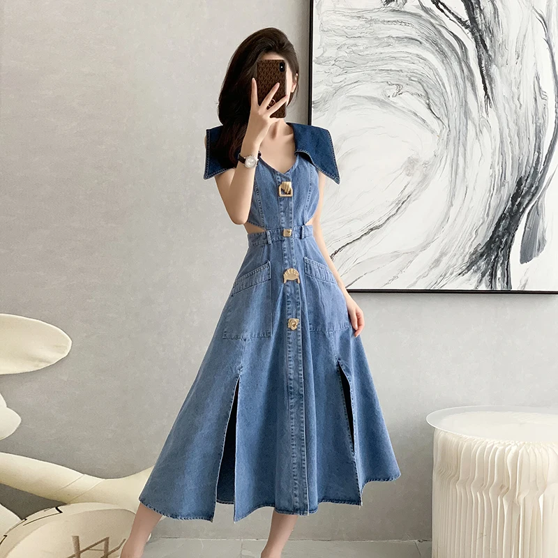 Women 2024 Designer Retro Denim Dresses Turn-down Collar Patchwork Hit Color Buttons Split High Waist Jeans Vestidos