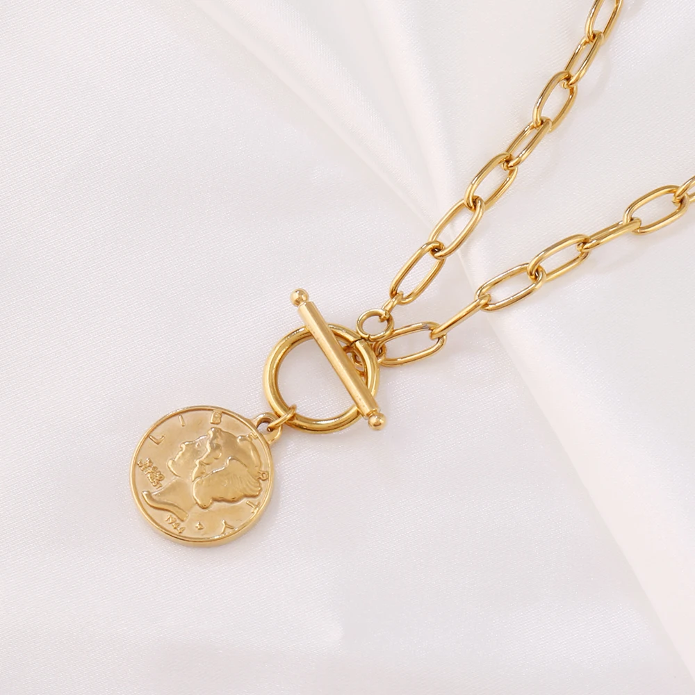 Coin Necklace For Women Stainless Steel Toggle Clasp Choker Gold/Silver Color Metal Elizabeth Coin Round Collier Femme Jewelry